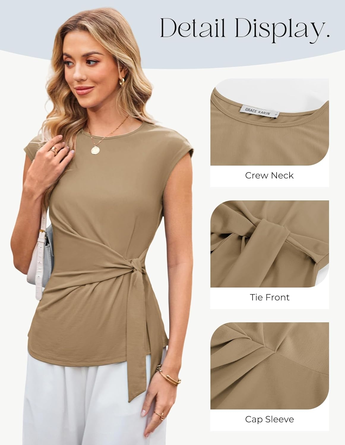 image:imageGRACE KARIN Womens Cap Sleeve Tops 2026 Summer Tie Waist Crew Neck Elegant Blouse Dressy Casual Work Business ShirtsKhaki