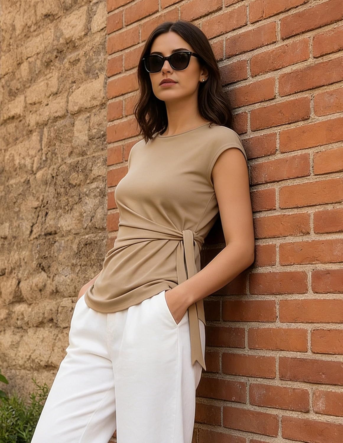 image:imageGRACE KARIN Womens Cap Sleeve Tops 2026 Summer Tie Waist Crew Neck Elegant Blouse Dressy Casual Work Business ShirtsKhaki