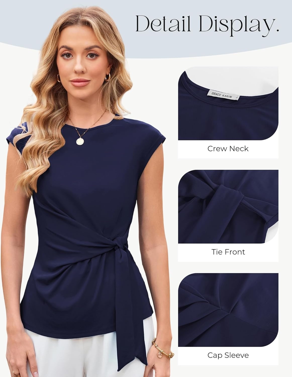 image:imageGRACE KARIN Womens Cap Sleeve Tops 2026 Summer Tie Waist Crew Neck Elegant Blouse Dressy Casual Work Business ShirtsNavy
