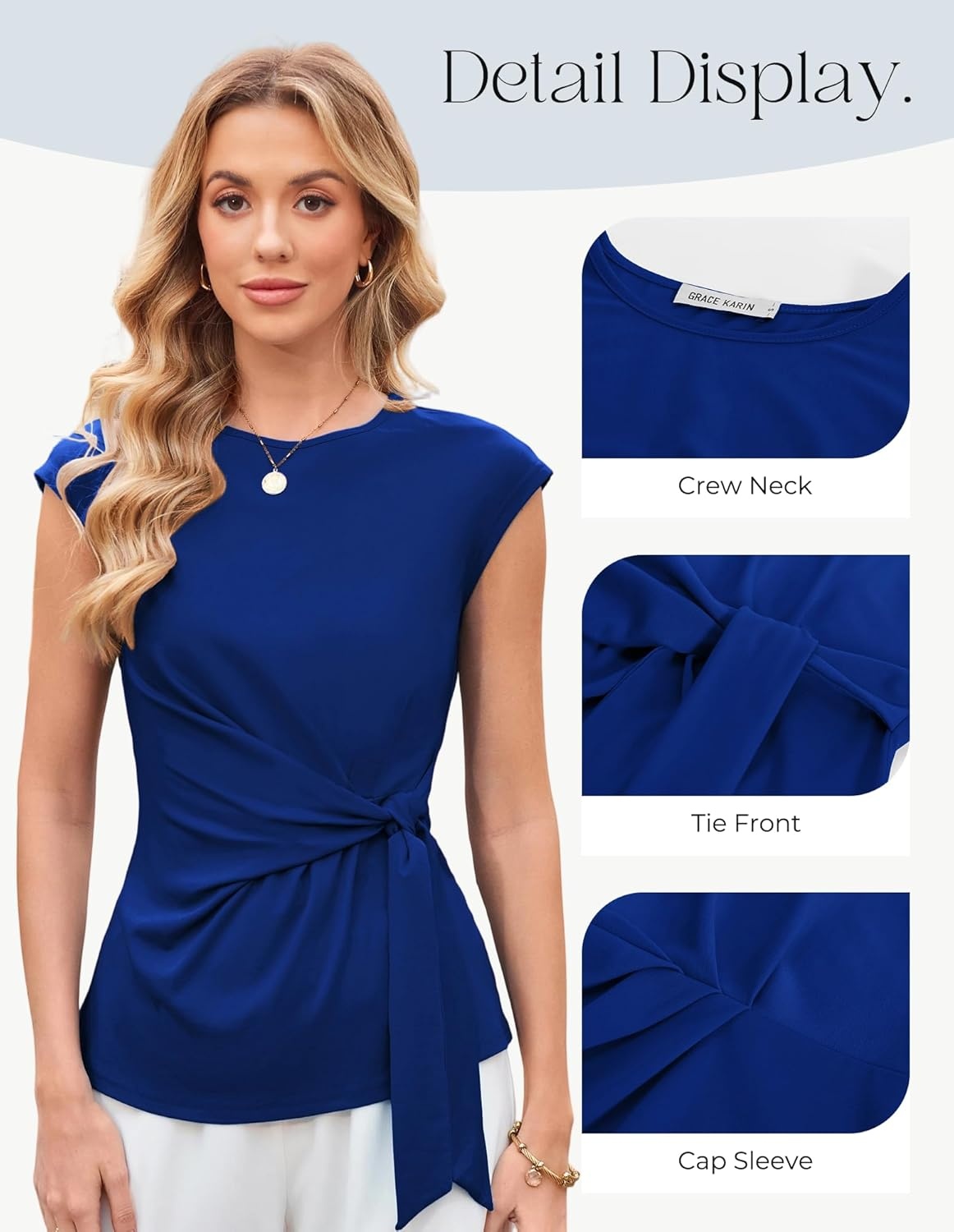 image:imageGRACE KARIN Womens Cap Sleeve Tops 2026 Summer Tie Waist Crew Neck Elegant Blouse Dressy Casual Work Business ShirtsNavy Blue