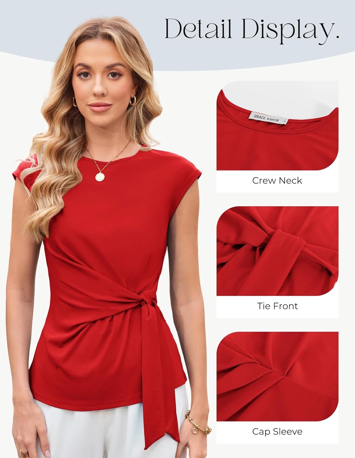 image:imageGRACE KARIN Womens Cap Sleeve Tops 2026 Summer Tie Waist Crew Neck Elegant Blouse Dressy Casual Work Business ShirtsRed