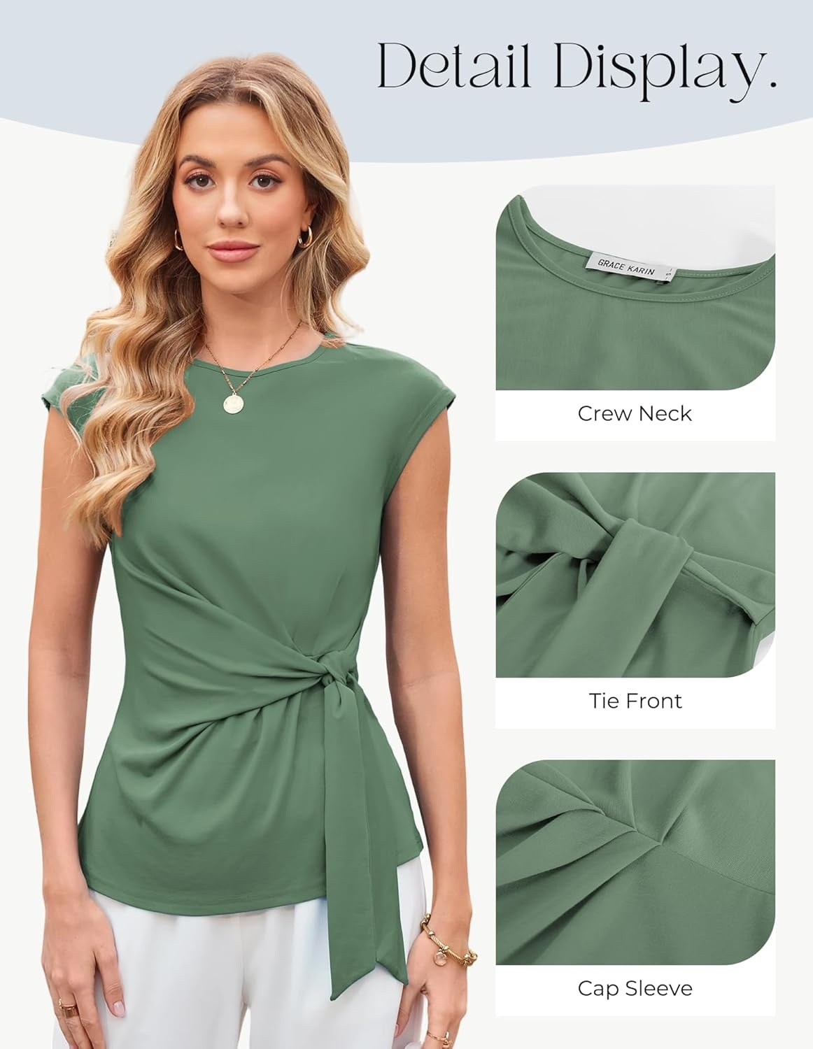 image:imageGRACE KARIN Womens Cap Sleeve Tops 2026 Summer Tie Waist Crew Neck Elegant Blouse Dressy Casual Work Business ShirtsSage Green