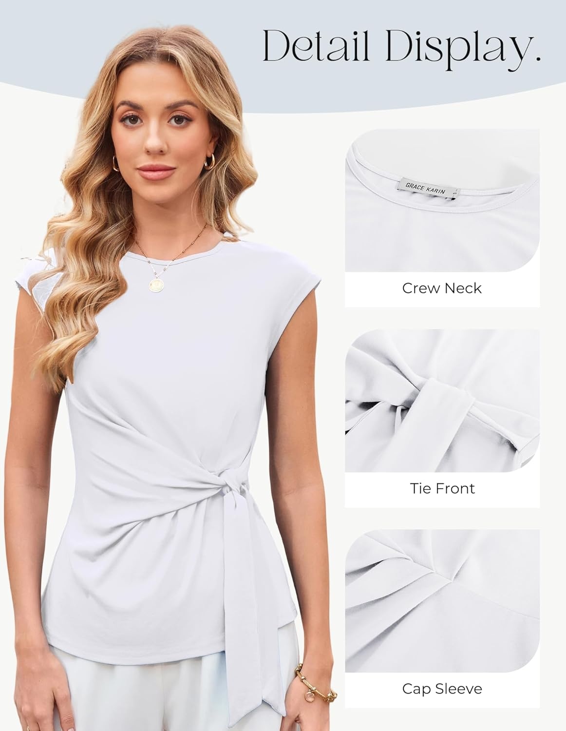 image:imageGRACE KARIN Womens Cap Sleeve Tops 2026 Summer Tie Waist Crew Neck Elegant Blouse Dressy Casual Work Business ShirtsWhite