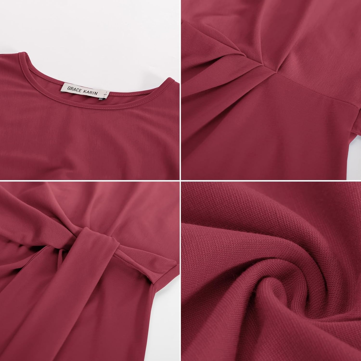 image:imageGRACE KARIN Womens Cap Sleeve Tops 2026 Summer Tie Waist Crew Neck Elegant Blouse Dressy Casual Work Business ShirtsWine Red