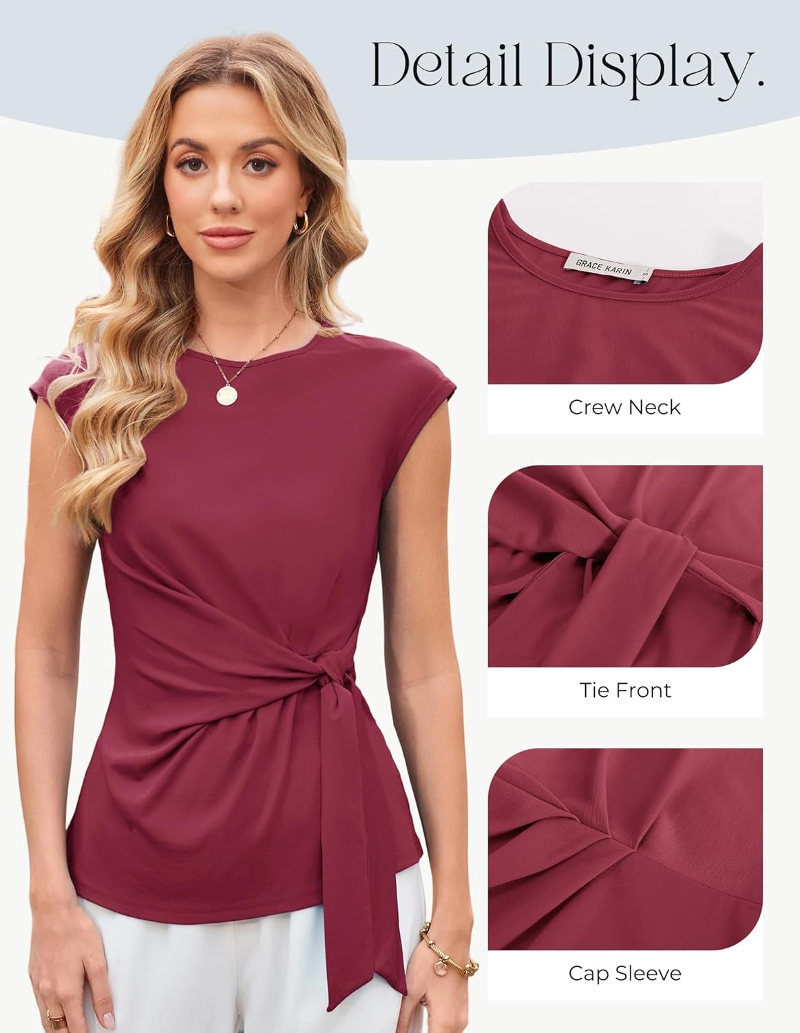 image:imageGRACE KARIN Womens Cap Sleeve Tops 2026 Summer Tie Waist Crew Neck Elegant Blouse Dressy Casual Work Business ShirtsWine Red