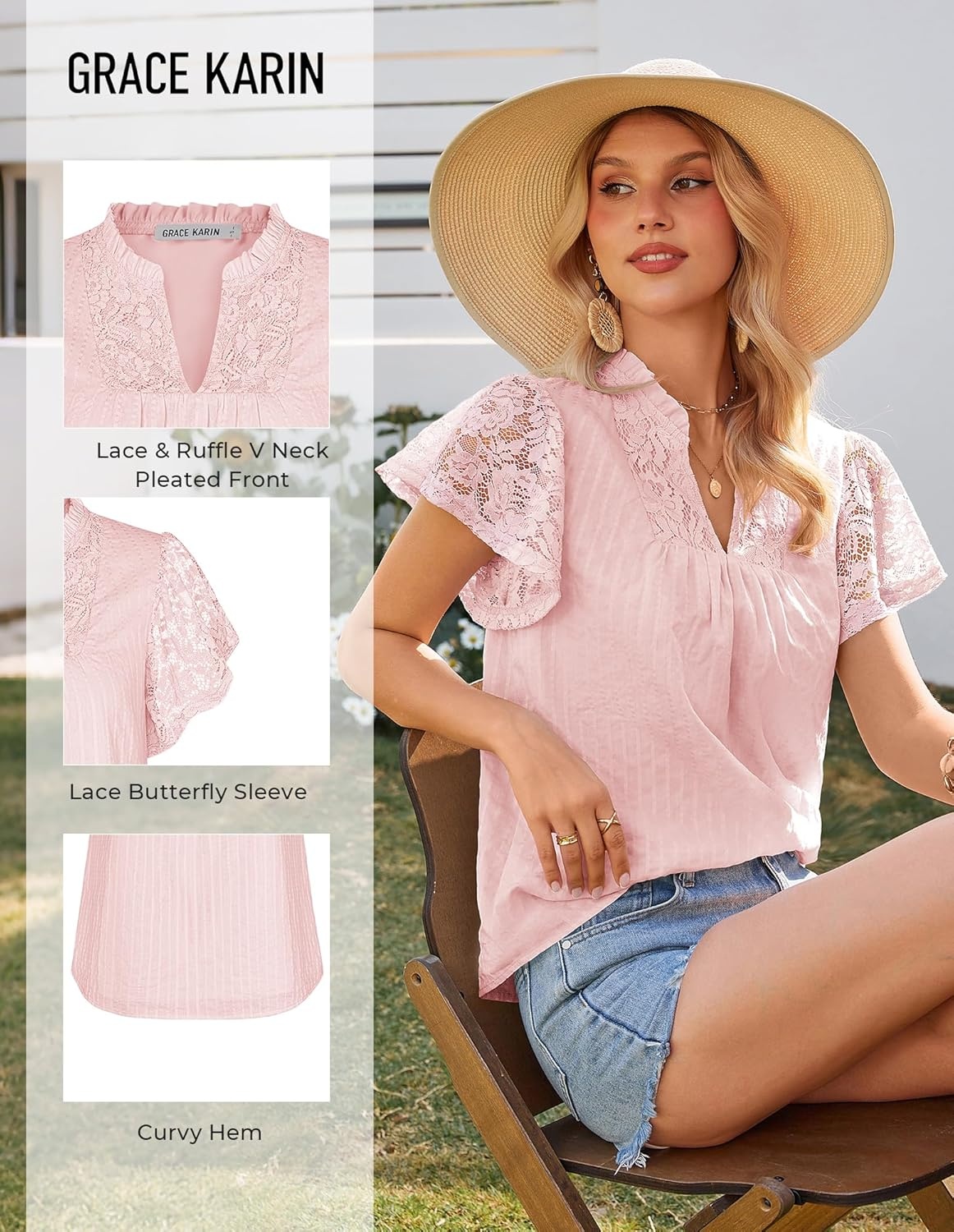 image:imageGRACE KARIN Womens Lace Short Sleeve Tops Summer Dressy Casual Cotton Blouses Flowy V Neck Dress Shirts Trendy Clothing 2026Light Pink