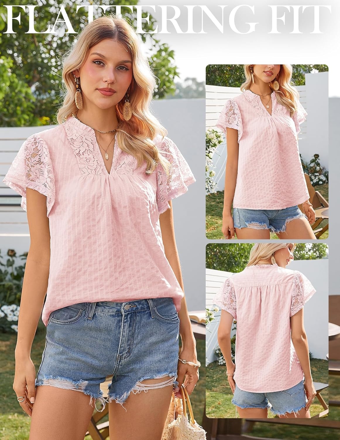 image:imageGRACE KARIN Womens Lace Short Sleeve Tops Summer Dressy Casual Cotton Blouses Flowy V Neck Dress Shirts Trendy Clothing 2026Light Pink