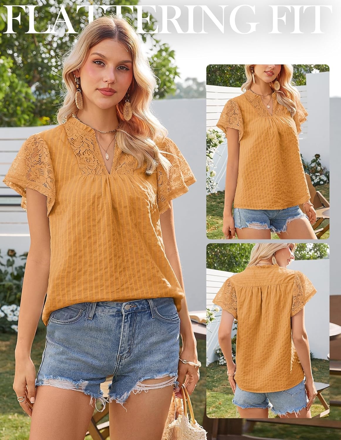 image:imageGRACE KARIN Womens Lace Short Sleeve Tops Summer Dressy Casual Cotton Blouses Flowy V Neck Dress Shirts Trendy Clothing 2026Orange