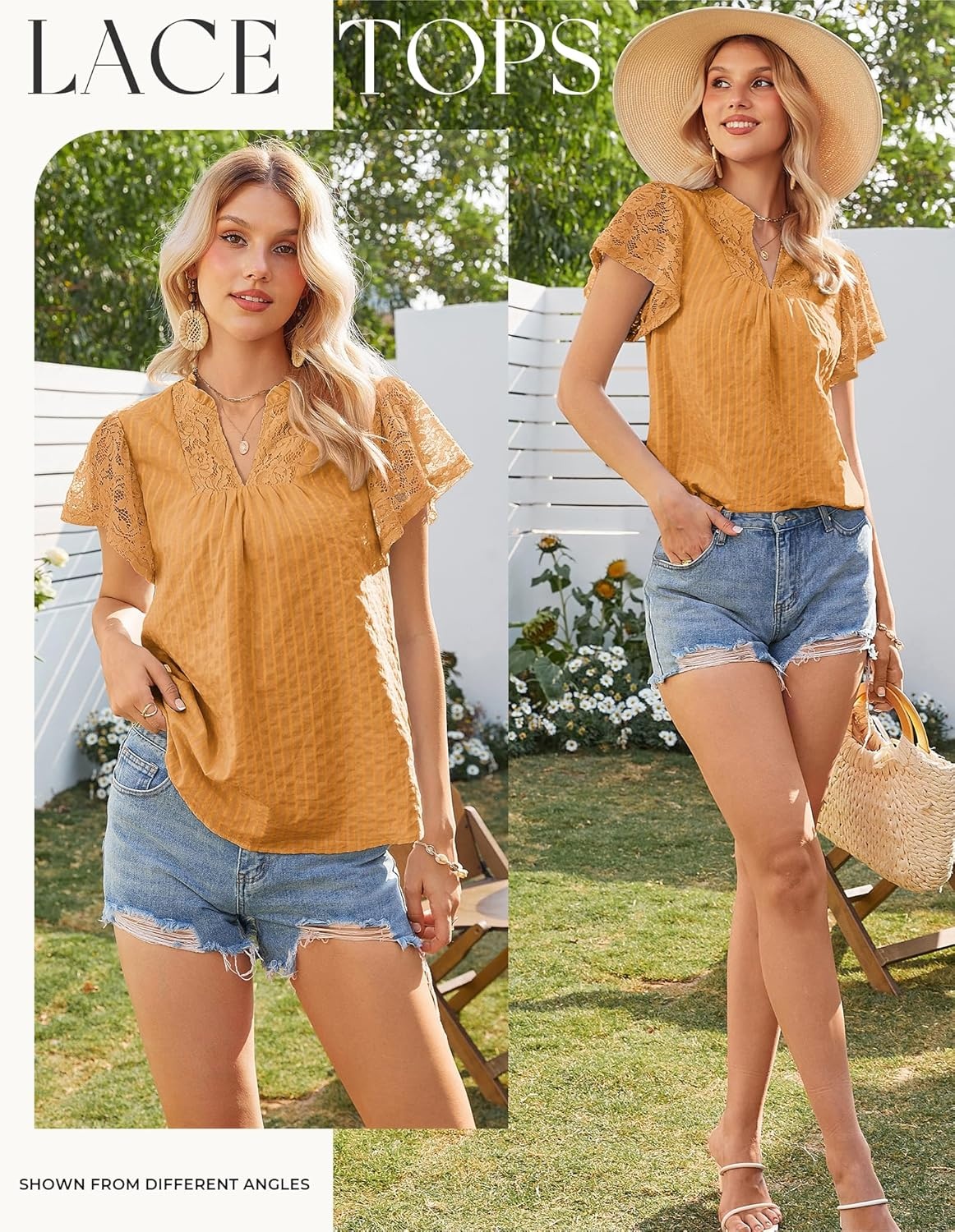 image:imageGRACE KARIN Womens Lace Short Sleeve Tops Summer Dressy Casual Cotton Blouses Flowy V Neck Dress Shirts Trendy Clothing 2026Orange