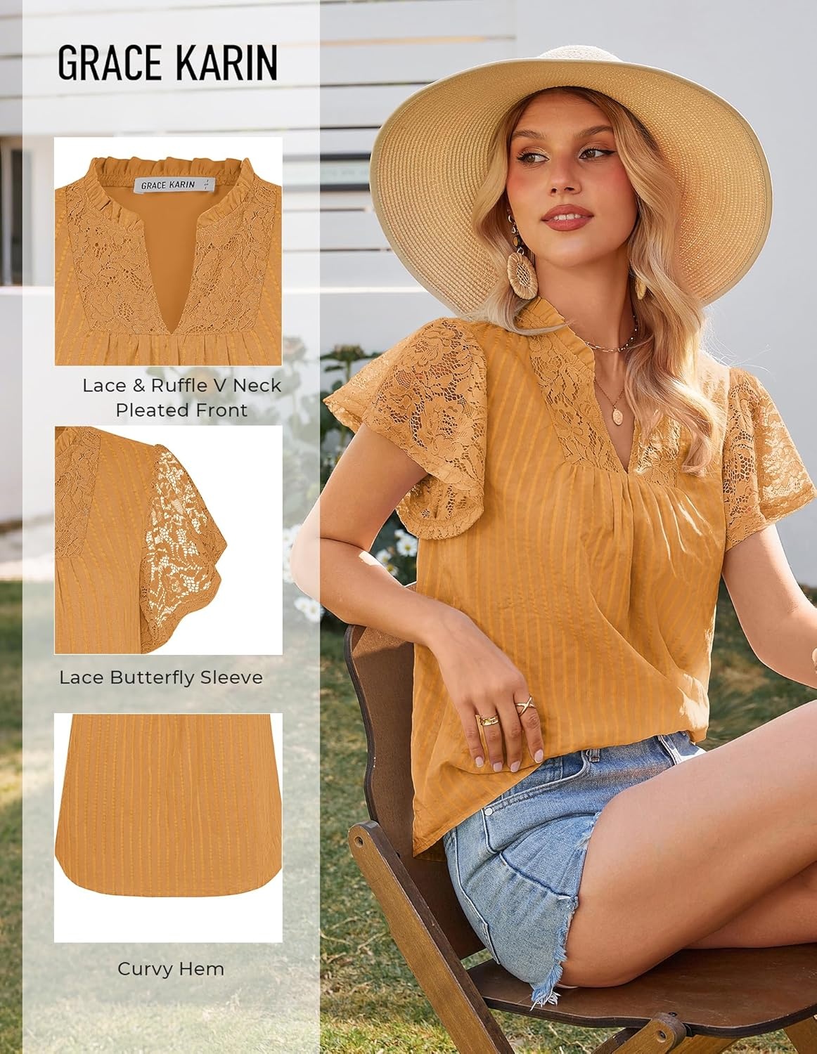 image:imageGRACE KARIN Womens Lace Short Sleeve Tops Summer Dressy Casual Cotton Blouses Flowy V Neck Dress Shirts Trendy Clothing 2026Orange