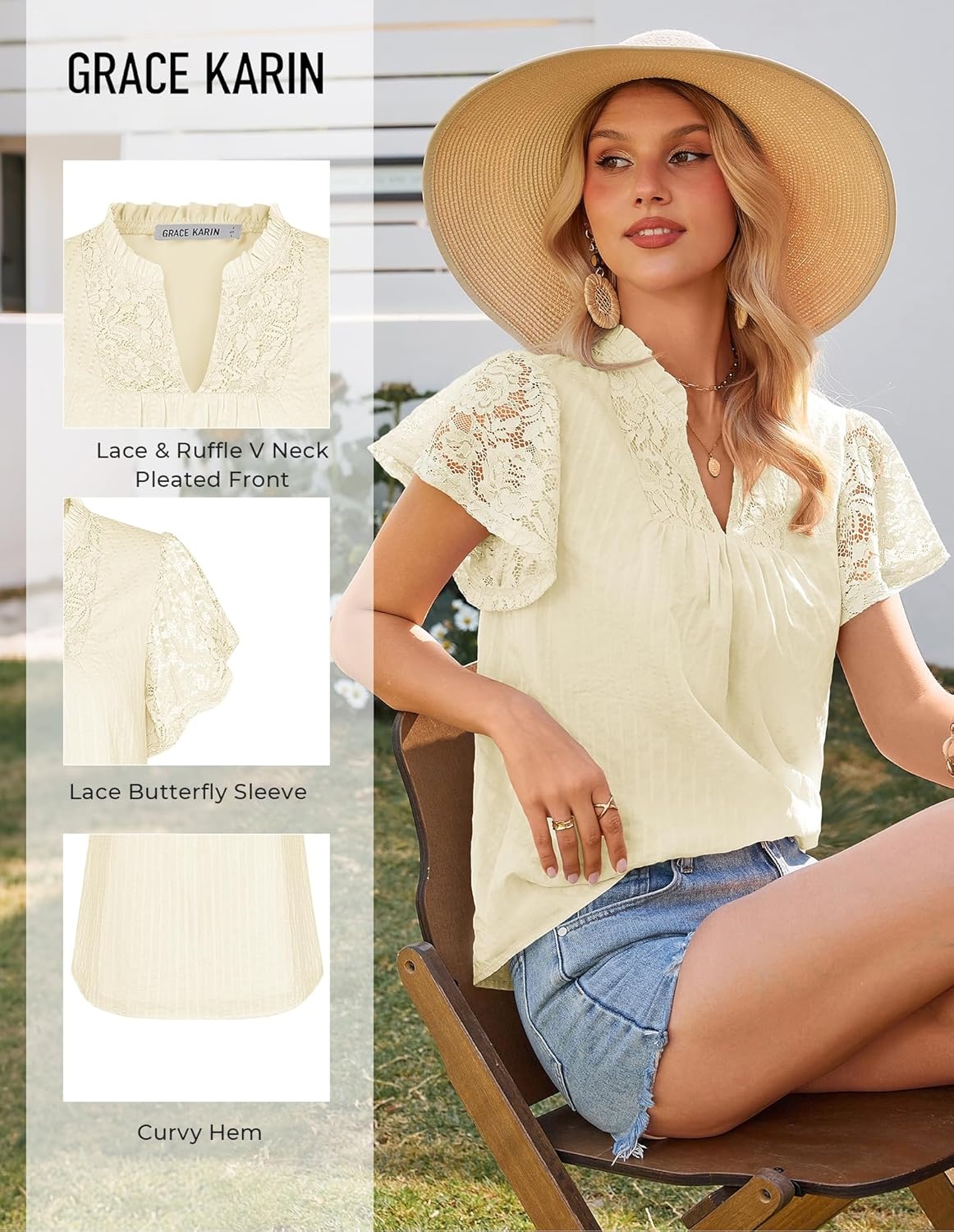 image:imageGRACE KARIN Womens Lace Short Sleeve Tops Summer Dressy Casual Cotton Blouses Flowy V Neck Dress Shirts Trendy Clothing 2026Oyster White