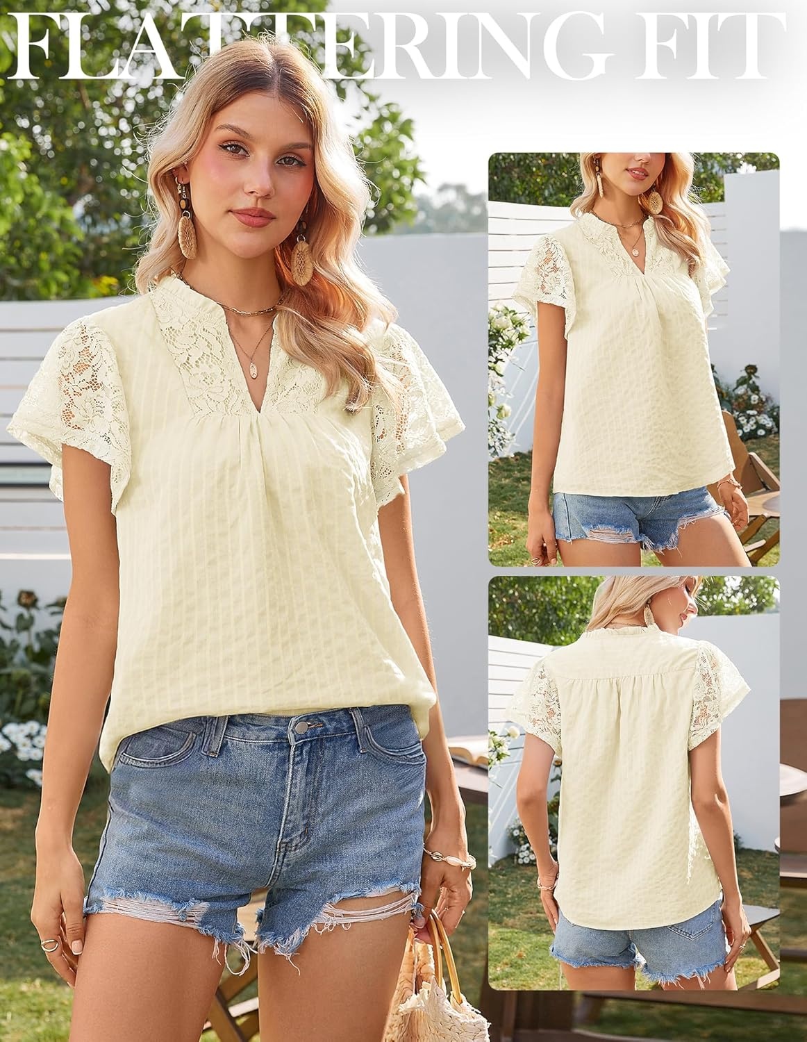 image:imageGRACE KARIN Womens Lace Short Sleeve Tops Summer Dressy Casual Cotton Blouses Flowy V Neck Dress Shirts Trendy Clothing 2026Oyster White
