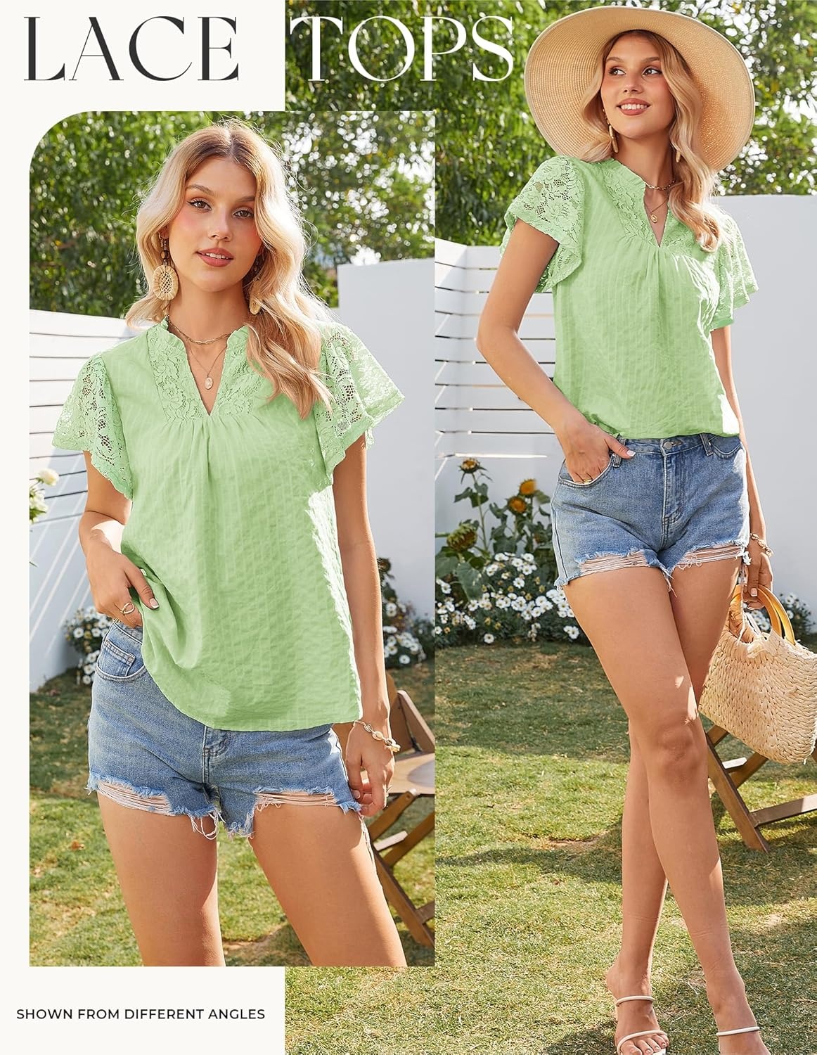 image:imageGRACE KARIN Womens Lace Short Sleeve Tops Summer Dressy Casual Cotton Blouses Flowy V Neck Dress Shirts Trendy Clothing 2026Pistachio Green