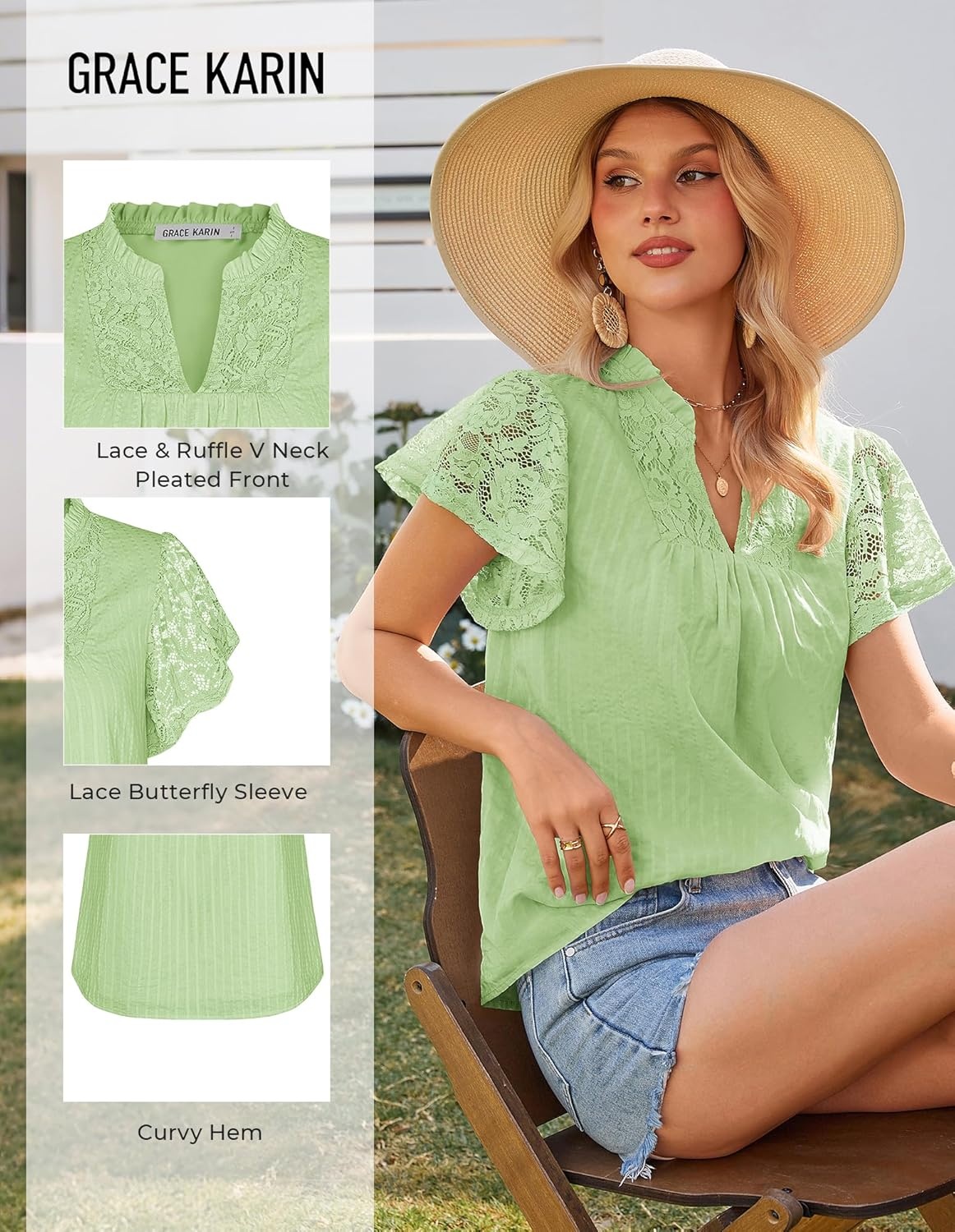 image:imageGRACE KARIN Womens Lace Short Sleeve Tops Summer Dressy Casual Cotton Blouses Flowy V Neck Dress Shirts Trendy Clothing 2026Pistachio Green