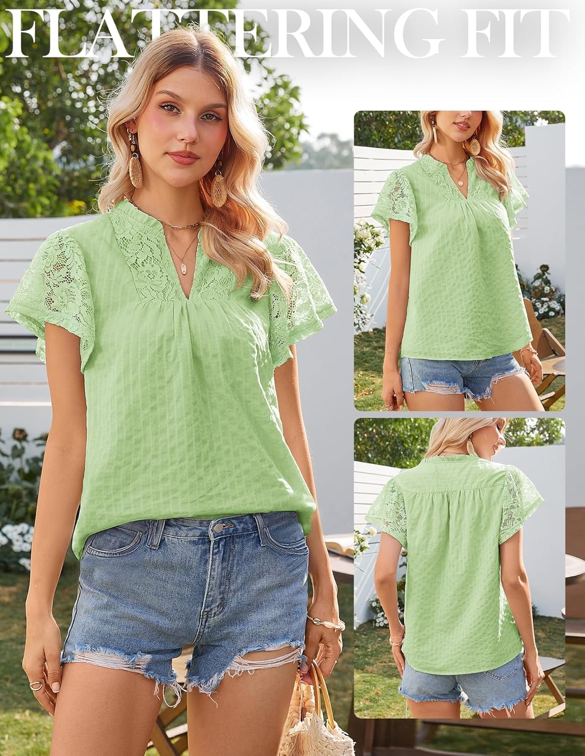 image:imageGRACE KARIN Womens Lace Short Sleeve Tops Summer Dressy Casual Cotton Blouses Flowy V Neck Dress Shirts Trendy Clothing 2026Pistachio Green
