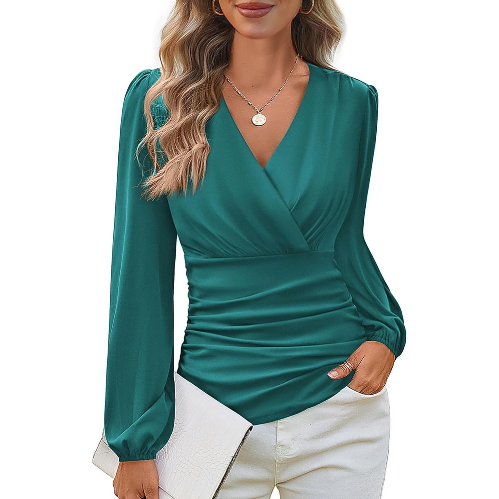 image:imageGRACE KARIN Long Sleeve Blouses for Women Dressy Casual Wrap Tops Work Shirts 2026 Summer Business OutfitsBlue Green