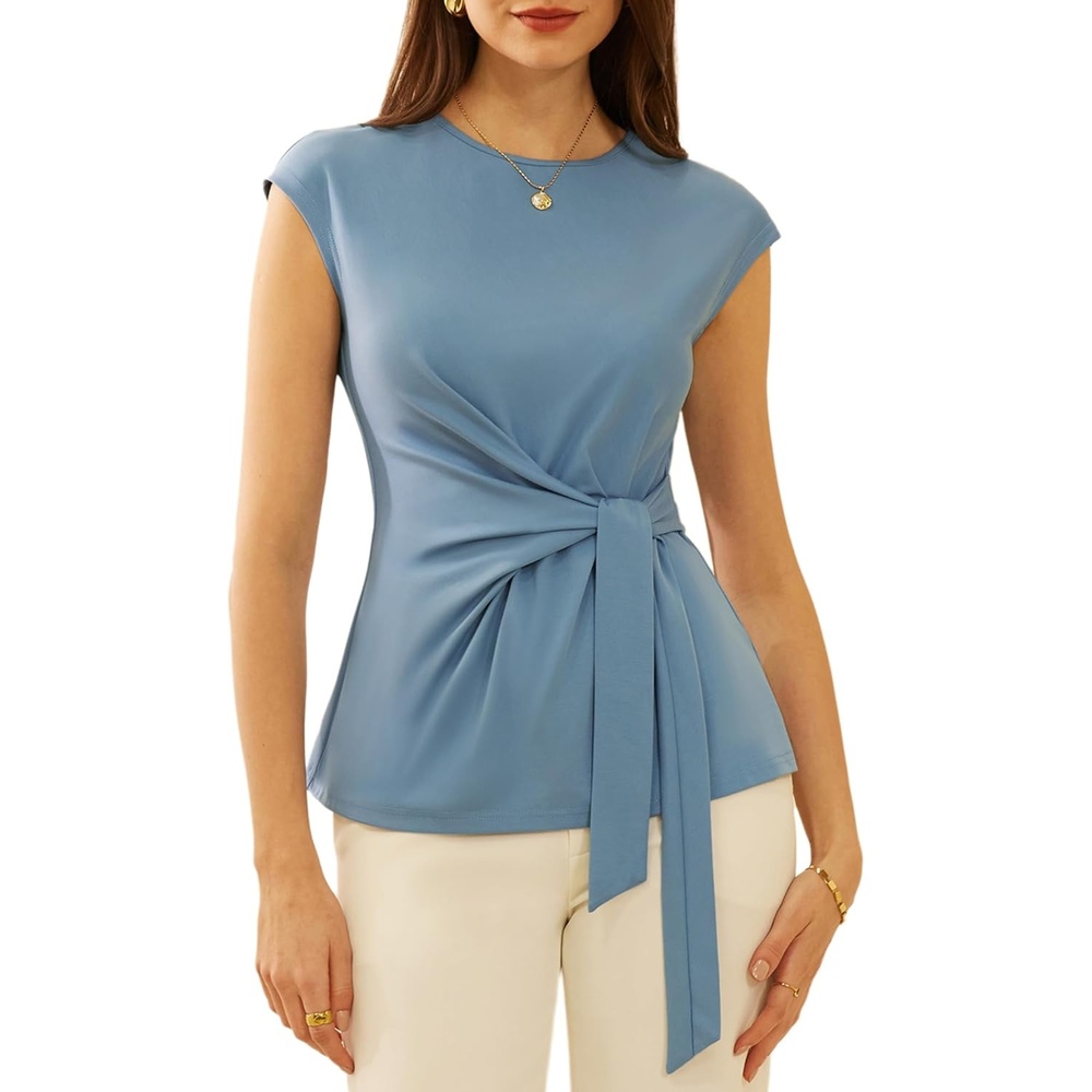 image:imageGRACE KARIN Womens Cap Sleeve Tops 2026 Summer Tie Waist Crew Neck Elegant Blouse Dressy Casual Work Business ShirtsGray Blue