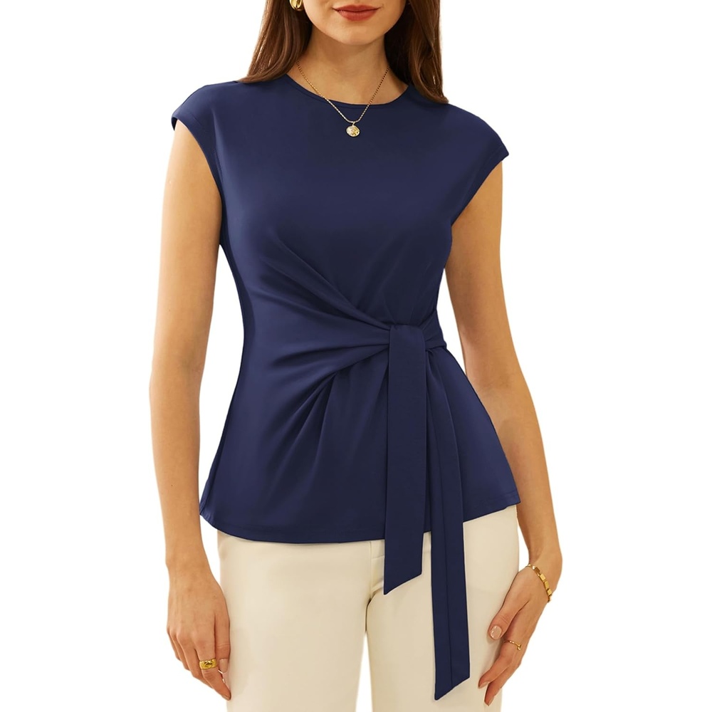 image:imageGRACE KARIN Womens Cap Sleeve Tops 2026 Summer Tie Waist Crew Neck Elegant Blouse Dressy Casual Work Business ShirtsNavy
