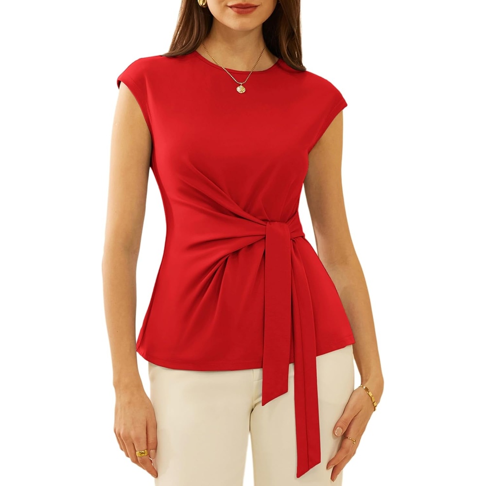image:imageGRACE KARIN Womens Cap Sleeve Tops 2026 Summer Tie Waist Crew Neck Elegant Blouse Dressy Casual Work Business ShirtsRed