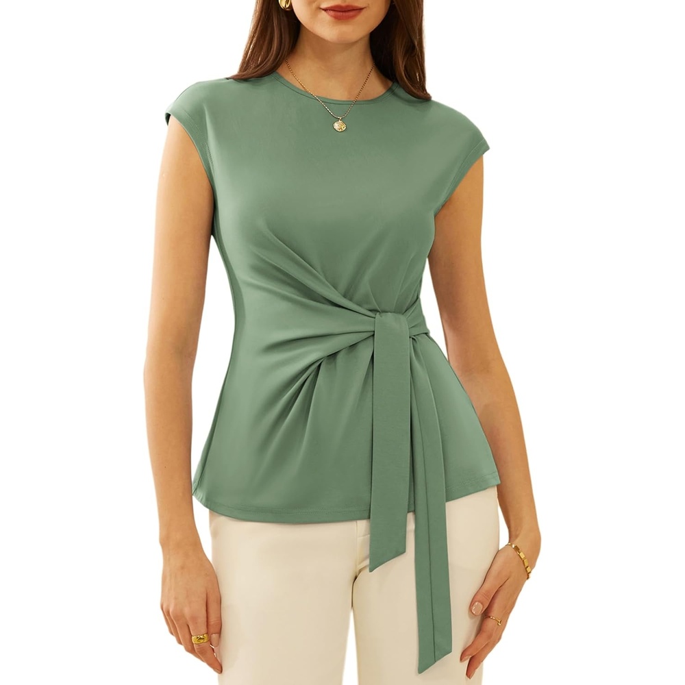 image:imageGRACE KARIN Womens Cap Sleeve Tops 2026 Summer Tie Waist Crew Neck Elegant Blouse Dressy Casual Work Business ShirtsSage Green