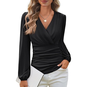 GRACE KARIN Long Sleeve Blouses for Women Dressy Casual, Wrap Tops Work Shirts, 2026 Summer Business Outfits(Black)