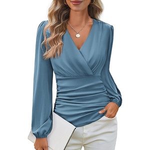 GRACE KARIN Long Sleeve Blouses for Women Dressy Casual, Wrap Tops Work Shirts, 2026 Summer Business Outfits(Haze Blue)
