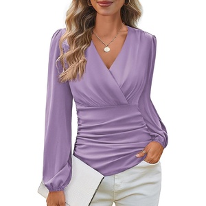 GRACE KARIN Long Sleeve Blouses for Women Dressy Casual, Wrap Tops Work Shirts, 2026 Summer Business Outfits(Pink Purple)