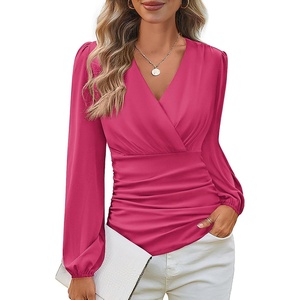 GRACE KARIN Long Sleeve Blouses for Women Dressy Casual, Wrap Tops Work Shirts, 2026 Summer Business Outfits(Rose Red)