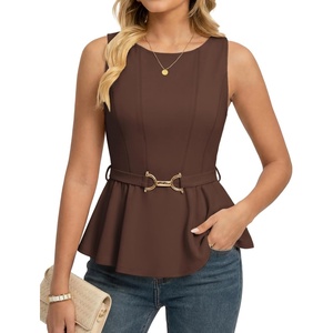 GRACE KARIN Peplum Tops for Women, Work Business Casual Dressy Blouses Shirts,Sleeveless Office Outfits with Tie Belt 2026(Brown)