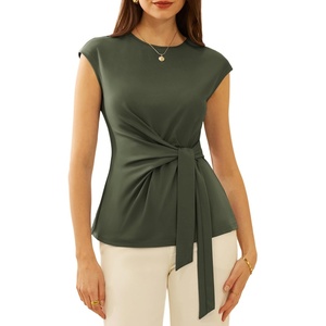 GRACE KARIN Womens Cap Sleeve Tops 2026 Summer Tie Waist Crew Neck Elegant Blouse Dressy Casual Work Business Shirts(Army Green)