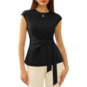 GRACE KARIN Womens Cap Sleeve Tops 2026 Summer Tie Waist Crew Neck Elegant Blouse Dressy Casual Work Business Shirts(Black)