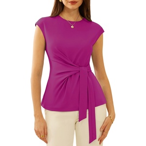 GRACE KARIN Womens Cap Sleeve Tops 2026 Summer Tie Waist Crew Neck Elegant Blouse Dressy Casual Work Business Shirts(Dark Rose Red)