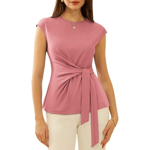 GRACE KARIN Womens Cap Sleeve Tops 2026 Summer Tie Waist Crew Neck Elegant Blouse Dressy Casual Work Business Shirts(Gray Pink)