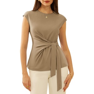GRACE KARIN Womens Cap Sleeve Tops 2026 Summer Tie Waist Crew Neck Elegant Blouse Dressy Casual Work Business Shirts(Khaki)