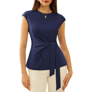 GRACE KARIN Womens Cap Sleeve Tops 2026 Summer Tie Waist Crew Neck Elegant Blouse Dressy Casual Work Business Shirts(Navy)