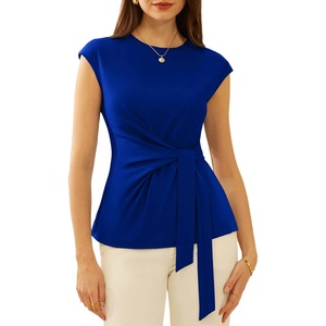 GRACE KARIN Womens Cap Sleeve Tops 2026 Summer Tie Waist Crew Neck Elegant Blouse Dressy Casual Work Business Shirts(Navy Blue)
