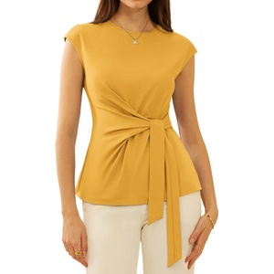 GRACE KARIN Womens Cap Sleeve Tops 2026 Summer Tie Waist Crew Neck Elegant Blouse Dressy Casual Work Business Shirts(Yellow)
