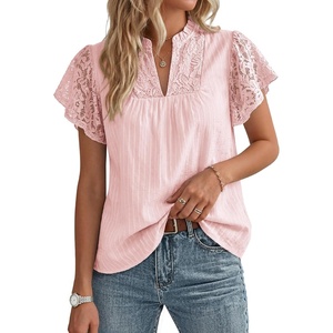 GRACE KARIN Womens Lace Short Sleeve Tops Summer Dressy Casual Cotton Blouses Flowy V Neck Dress Shirts Trendy Clothing 2026(Light Pink)