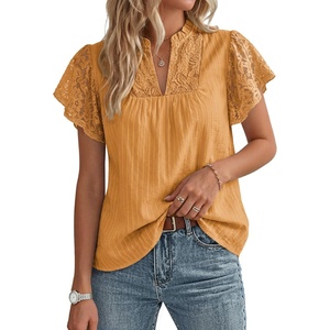 GRACE KARIN Womens Lace Short Sleeve Tops Summer Dressy Casual Cotton Blouses Flowy V Neck Dress Shirts Trendy Clothing 2026(Orange)