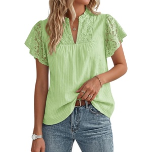 GRACE KARIN Womens Lace Short Sleeve Tops Summer Dressy Casual Cotton Blouses Flowy V Neck Dress Shirts Trendy Clothing 2026(Pistachio Green)