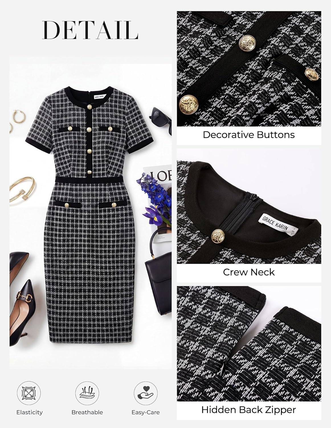image:imageGRACE KARIN Women Summer Work Dress 2026 Short Sleeve Bodycon Tweed Dresses Button Knee Length Pencil Business Causal OutfitsBlack