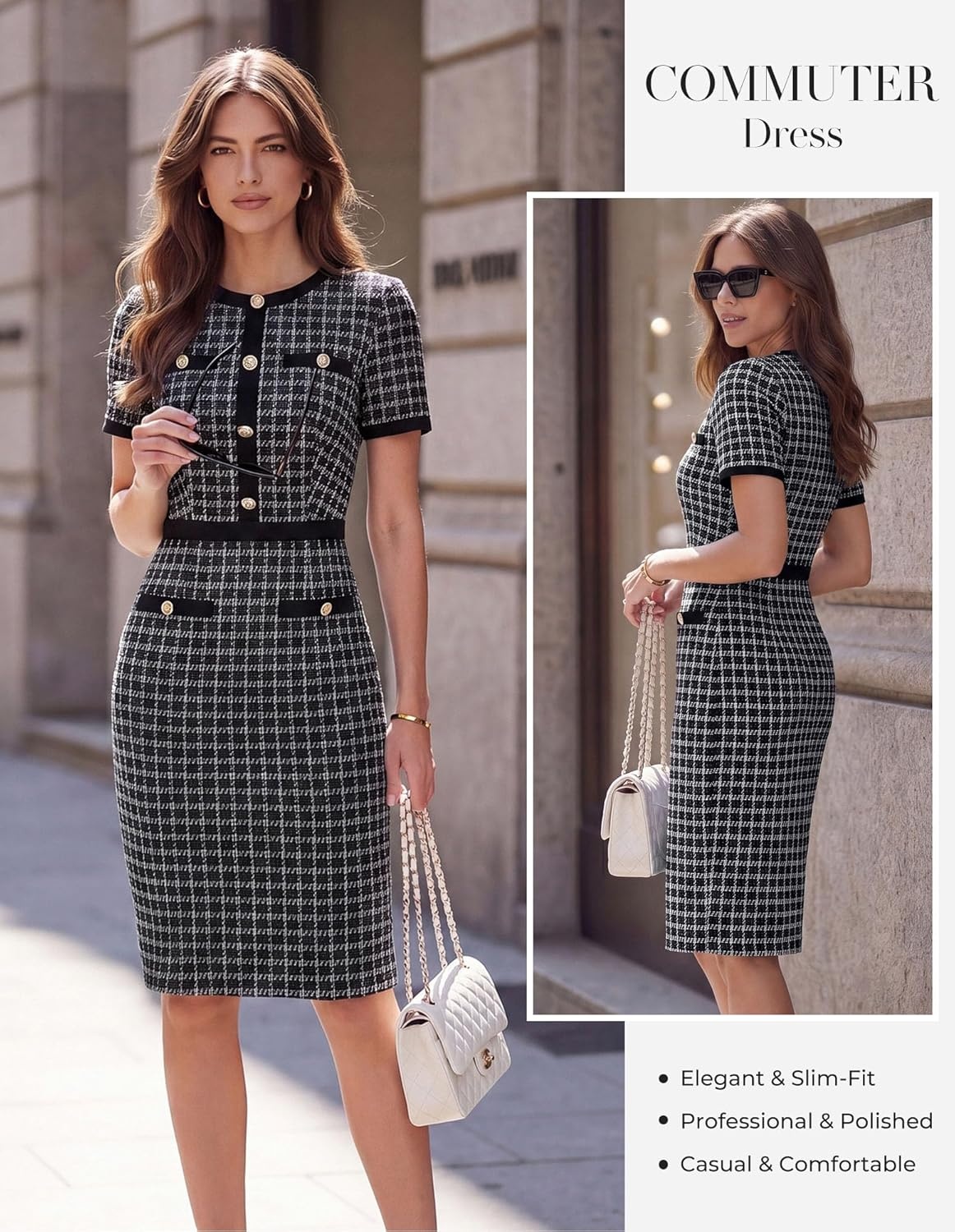 image:imageGRACE KARIN Women Summer Work Dress 2026 Short Sleeve Bodycon Tweed Dresses Button Knee Length Pencil Business Causal OutfitsBlack