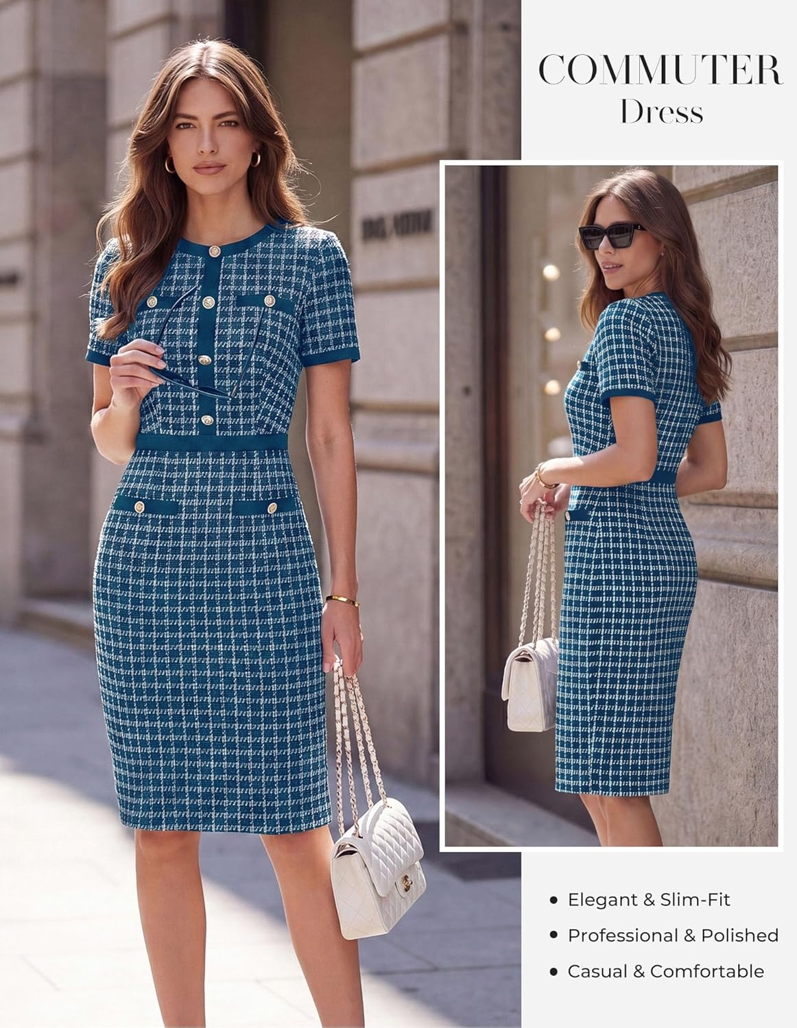 image:imageGRACE KARIN Women Summer Work Dress 2026 Short Sleeve Bodycon Tweed Dresses Button Knee Length Pencil Business Causal OutfitsDeep Peacock Blue