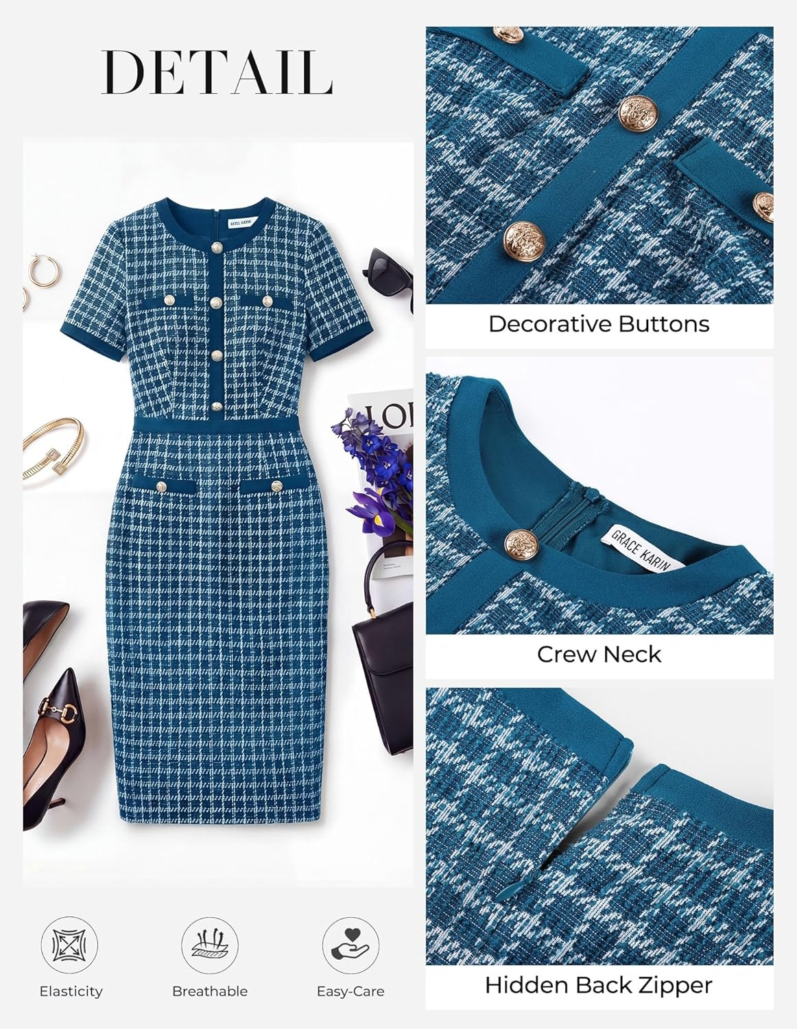 image:imageGRACE KARIN Women Summer Work Dress 2026 Short Sleeve Bodycon Tweed Dresses Button Knee Length Pencil Business Causal OutfitsDeep Peacock Blue