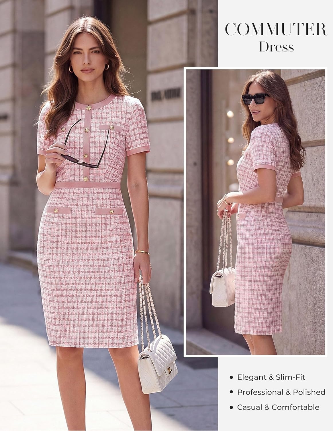 image:imageGRACE KARIN Women Summer Work Dress 2026 Short Sleeve Bodycon Tweed Dresses Button Knee Length Pencil Business Causal OutfitsLight Pink