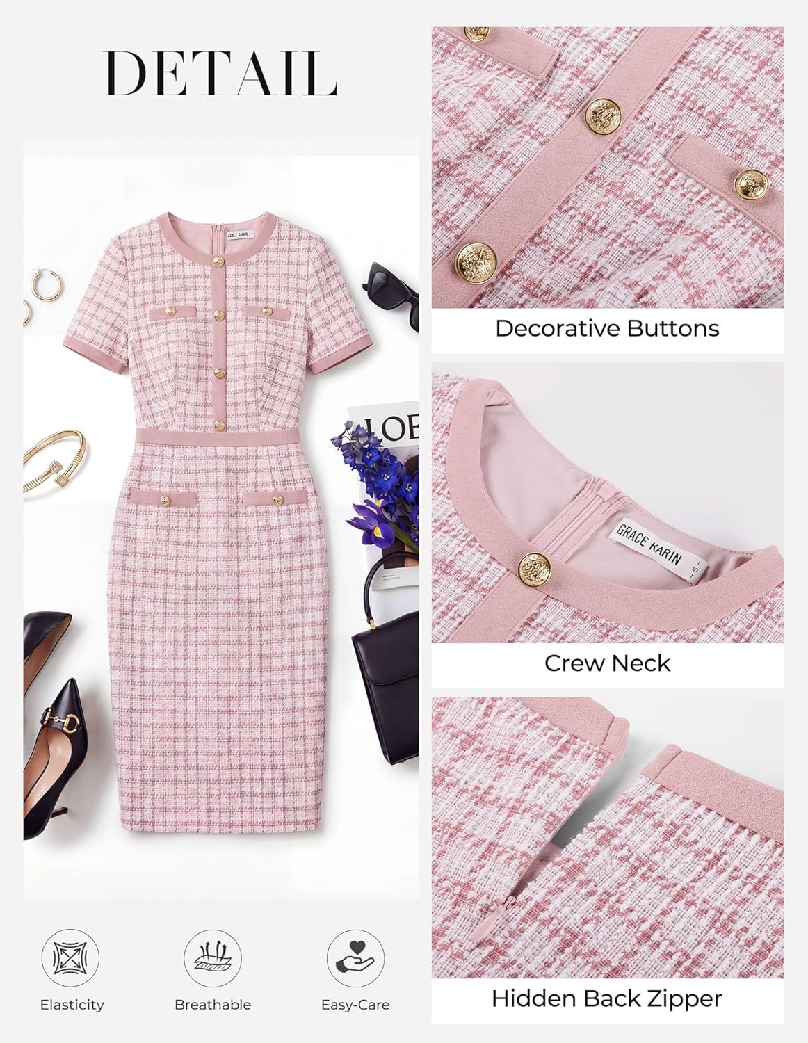 image:imageGRACE KARIN Women Summer Work Dress 2026 Short Sleeve Bodycon Tweed Dresses Button Knee Length Pencil Business Causal OutfitsLight Pink