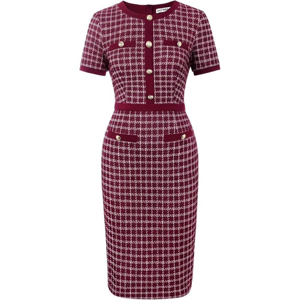 image:imageGRACE KARIN Women Summer Work Dress 2026 Short Sleeve Bodycon Tweed Dresses Button Knee Length Pencil Business Causal OutfitsWine
