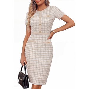 GRACE KARIN Women Summer Work Dress 2026 Short Sleeve Bodycon Tweed Dresses Button Knee Length Pencil Business Causal Outfits(Apricot)
