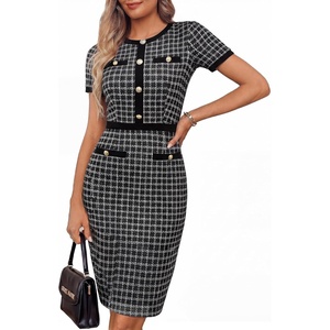 GRACE KARIN Women Summer Work Dress 2026 Short Sleeve Bodycon Tweed Dresses Button Knee Length Pencil Business Causal Outfits(Black)