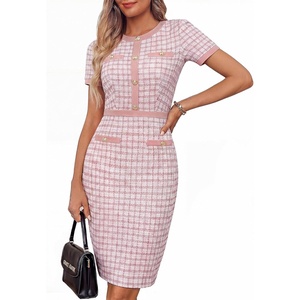 GRACE KARIN Women Summer Work Dress 2026 Short Sleeve Bodycon Tweed Dresses Button Knee Length Pencil Business Causal Outfits(Light Pink)